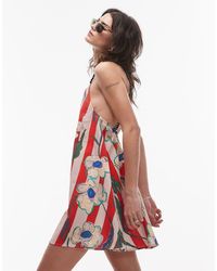 TOPSHOP - Vestido Corto Rojo Con Vuelo, Estampado De Rayas Y Flores Y Detalle De Cuentas En Los Tirantes De - Lyst