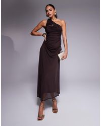ASOS - One Shoulder Mesh Midi Dress With Slash Front Trim Detail And Cowl Draped Skirt - Lyst