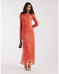 Never Fully Dressed - Vestido Largo De Manga Larga Con Estampado De Lunares Y Amapolas De Malla Aria De -Naranja - Lyst