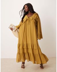 ASOS - Asos Design Curve Long Sleeved V Neck Maxi Dress With Tie Details - Lyst
