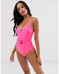 new look polka dot belted swimsuit in rust