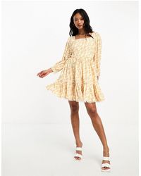 Glamorous - Long Sleeve Mini Smock Dress With Tiered Skirt - Lyst