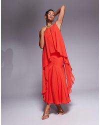 ASOS - Vestido Largo Rojo Luminoso Escotado De Corte Al Bies Con Falda De Godets Y Capa Superpuesta De Chifón De - Lyst