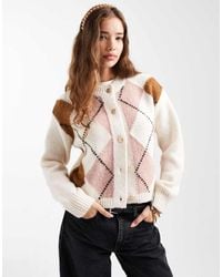 New Look - Argyle Crew Neck Cardigan - Lyst