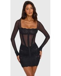Oh Polly - Mesh Square Neck Lace Trim Bodycon Mini Dress - Lyst