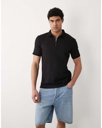 SELECTED - Camicia Nera A Coste Con Colletto Stile Polo E Zip Corta - Lyst