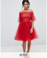 Chi Chi London Tulle Midi Dress With Lace Fluted Sleeves - Red