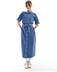 ONLY - Tie Waist Denim Midi Dress - Lyst