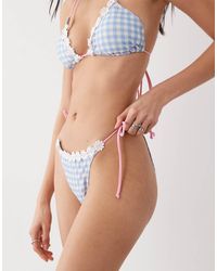 Brave Soul - Gingham Print Tie Side Bikini Bottoms With Flower Embroidery - Lyst