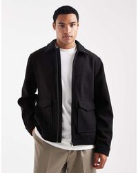 Threadbare - Chaqueta Negra Con Cremallera Delantera Y Cuello De Solapas De Tejido Efecto Lana De - Lyst