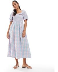 New Look - Vestido Estilo Mesonera A Cuadros Vichy Azules Y Rosas Con Mangas Abullonadas De - Lyst