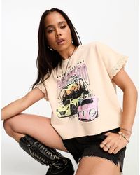 Miss Selfridge - Festival Graphic Oversized Boxy Crop T-shirt With Broderie Trim - Lyst