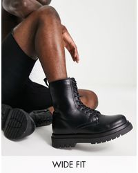 truffle collection wide fit chunky lace up boots in black