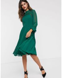 ASOS Geplooide Midi-skaterjurk Met Kanten Inzetstuk En Lange Mouwen - Groen