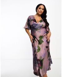 ASOS - Exclusivité asos design curve - robe mi-longue en satin à manches évasées et imprimé floral - lilas - Lyst
