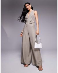 ASOS - Gestreepte Jumpsuit Met Gerimpelde Taille En V-Hals - Lyst