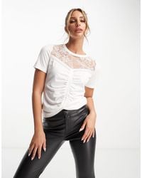Morgan - Lace Insert Ruched T-shirt - Lyst