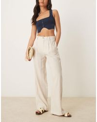 Mango - Linen Mix Elasticated Waist Pleat Front Straight Leg Trouser - Lyst