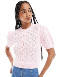 Miss Selfridge - Knitted Pointelle Puff Short Sleeve Button Up Top - Lyst