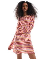 Pieces - Gehaakte Gestreepte Mini Jurk Met Lange Mouwen - Lyst
