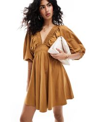 ASOS - Plunge Elastic Tea Mini Dress With Ruched Waist - Lyst