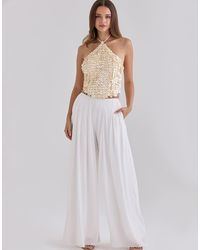 House Of Cb - Zina Ivory Georgette Hand Beaded Shell Embellished Halter Neck Top - Lyst