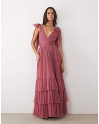 LACE & BEADS - Madison Tulle Bow Shoulder Plunge Neck Maxi Dress - Lyst
