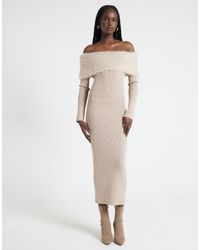 River Island - Vestido Midi Color Visón Con Escote Bardot Y Detalle Mullido De Punto De - Neutro - Lyst
