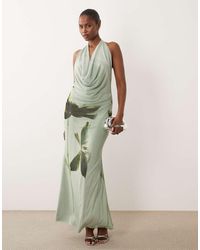 ASOS - Cowl Neck Floral Placement Print Mesh Maxi Dress - Lyst
