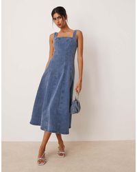 Abercrombie & Fitch - Square Neck Fit & Flare Panelled Denim Midi Dress - Lyst
