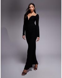 ASOS - Long Sleeve Deep Plunge Maxi Dress With V-Bar Trim - Lyst