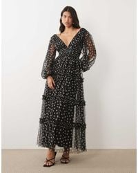 LACE & BEADS - Tulle Sheer Balloon Sleeve Plunge Neck Tiered Maxi Dress - Lyst