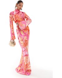DASKA - Satin Printed Maxi Dress With Funnel Sleeves - Lyst