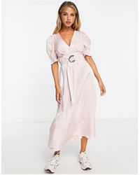River Island - Belted Midi Dress With Puff Sleeves - Lyst