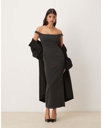 asos design fold front bardot midi pencil dress ASOS Fold Front Bardot Midi Pencil Dress-blue