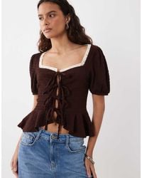 Miss Selfridge - Milkmaid Top With Lace And Tie Front Detail - Lyst