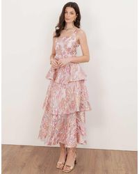 Maya - Floral Jacquard Square Neck Tiered Midi Dress - Lyst