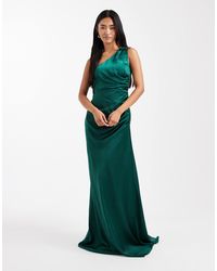 Six Stories Bridesmaid Bow One Shoulder Satin Maxi Dress in Green | Lyst