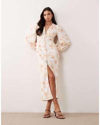 Gina Tricot - Balloon Long Sleeve Satin Button Front Midi Dress With Front Split - Lyst