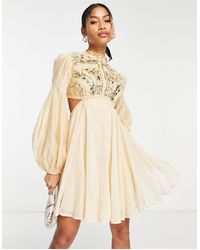 ASOS - Embellished Balloon Sleeve Mini Dress With Diamante Cage Cut Out Detail - Lyst