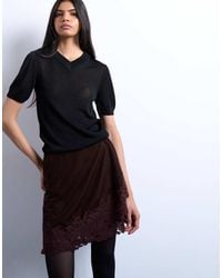 TOPSHOP - Velvet Asymmetric Mini Skirt With Lace Trim - Lyst