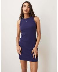 Calvin Klein - Vestido Corto Azul Marino Con Espalda De Nadadora De Tejido Gofrado De - Lyst