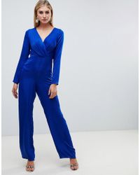 ASOS Tuta jumpsuit in raso a portafoglio con dettaglio a pieghe - Blu