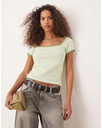 ASOS - Square Neck Short Sleeve Waffle Top With Blanket Stitch - Lyst