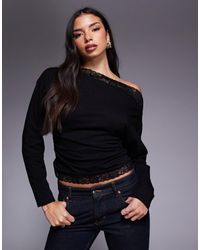 ASOS - Off Shoulder Cinched Waist Long Sleeve Asymmetric Top With Lace Trim - Lyst