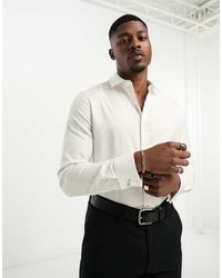 ASOS - Kreukvrij Slim-Fit Overhemd Van Keperstof Met Open Kraag En Dubbele Manchetten - Lyst