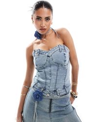 SIMMI - Simmi - top a corsetto di jeans strutturato con scollo a cuore lavaggio chiaro con collarino con fiore - Lyst