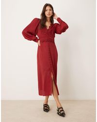 Miss Selfridge - Satin Jacquard Button Through Lace Trim Midi Dress - Lyst