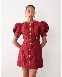 Sister Jane - Anemone Exclusive Jacquard Puff Sleeve Gold Flower Button Up Mini Dress - Lyst
