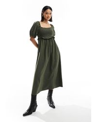 New Look - Shirred Puff Sleeve Linen Blend Midi Dress - Lyst